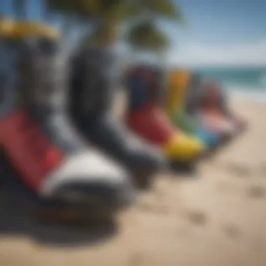Variety of Kitesurf Bootie Styles Different styles of kitesurf booties displayed side by side.