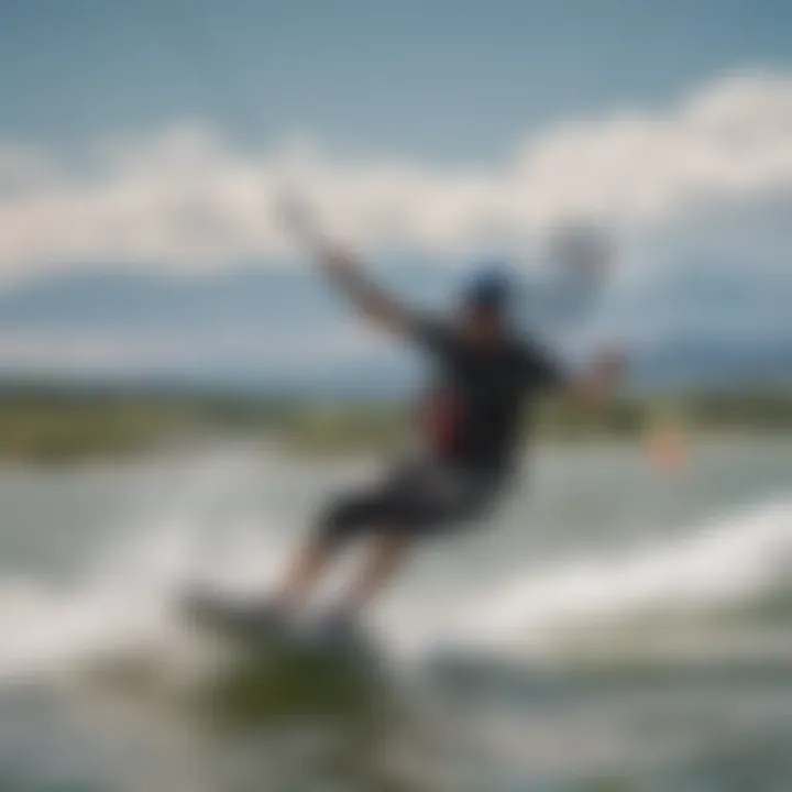 Kiteboarder navigating through strong winds on a Colorado lake