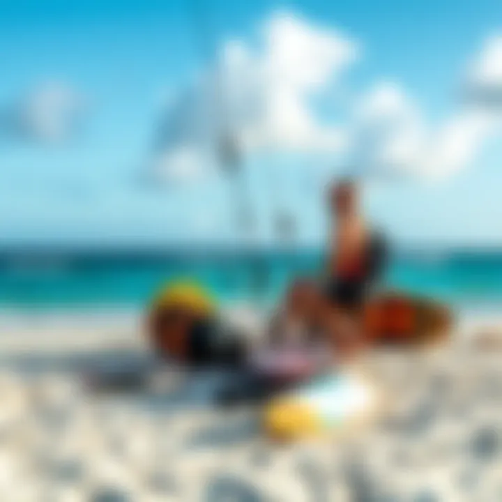 Setting Up for a Day of Kiteboarding Kiteboarding equipment setup on the sandy shore