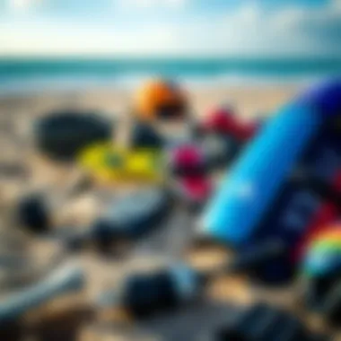 A close-up of kiteboarding gear laid out on the sandy beach