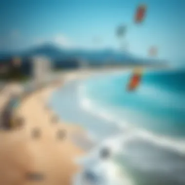 A panoramic view of Cabarette Beach showcasing the vibrant kiteboarding scene