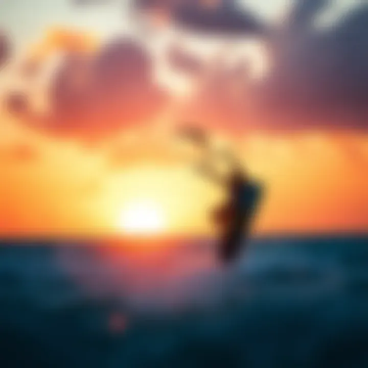 Kiteboarder performing tricks against the backdrop of a stunning sunset