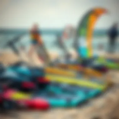 Diverse Kitesurfing Gear on Display Kitesurfing equipment arranged on the beach, showcasing various kite sizes.