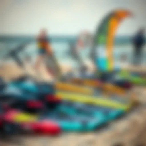 Diverse Kitesurfing Gear on Display Kitesurfing equipment arranged on the beach, showcasing various kite sizes.