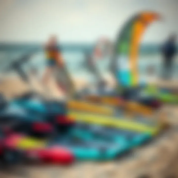 Diverse Kitesurfing Gear on Display Kitesurfing equipment arranged on the beach, showcasing various kite sizes.