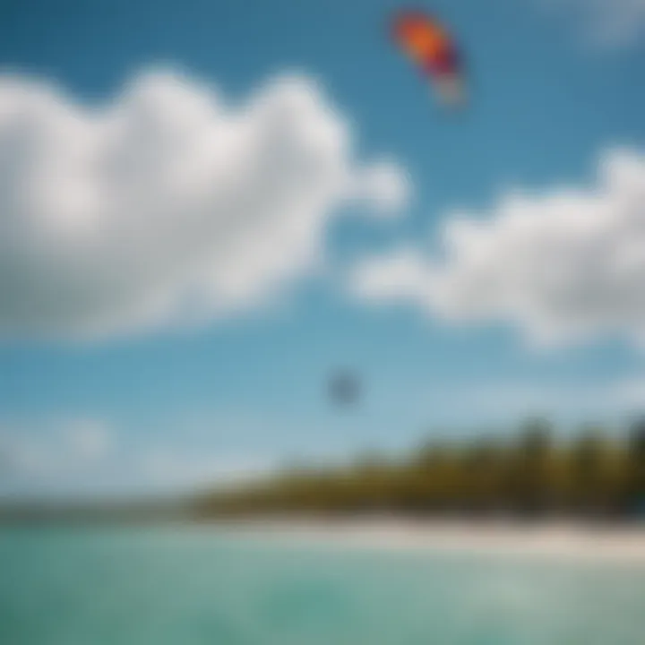 A vibrant kiteboarding scene at Coconut Bay, showcasing colorful kites against a clear blue sky