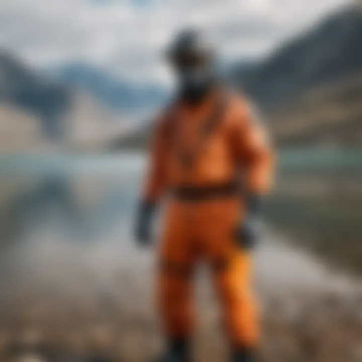 Mustang drysuit in various colors displayed against a scenic backdrop