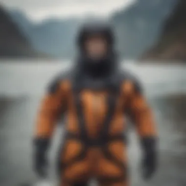 Detailed view of Mustang drysuit's features and adjustments