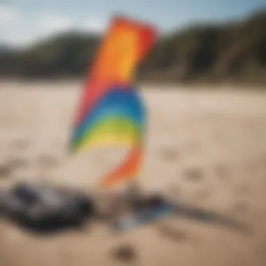 A variety of kite sizes displayed on a beach