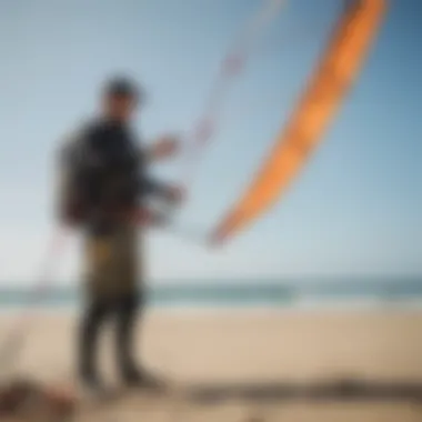 Examining Equipment for Maintenance Needs Kiteboarding enthusiast inspecting a kite for repairs