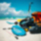 Essential Kiteboarding Gear on the Beach Kiteboarding equipment laid out on a beach