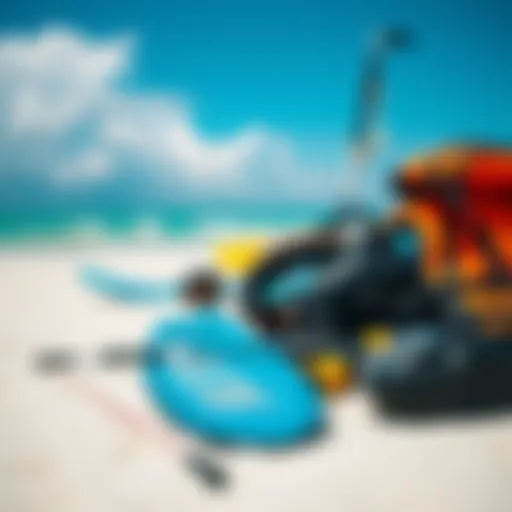 Essential Kiteboarding Gear on the Beach Kiteboarding equipment laid out on a beach