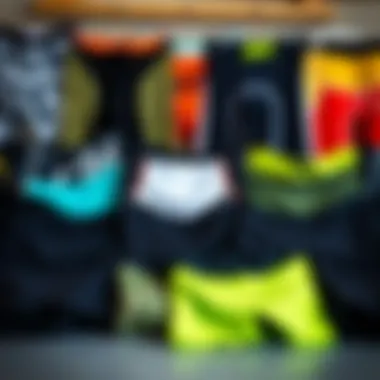 Array of neoprene board shorts highlighting various designs and colors