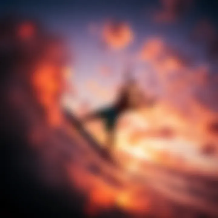 Kiteboarder wearing neoprene board shorts during a vibrant sunset