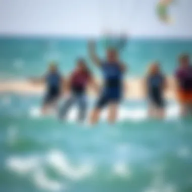 Group of enthusiasts enjoying a foilboard kitesurfing session