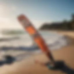 Kite surfing gear displayed on a beach