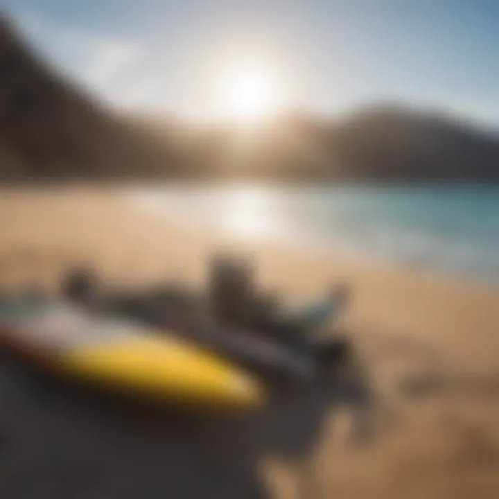 Kiteboarding gear laid out against a scenic backdrop