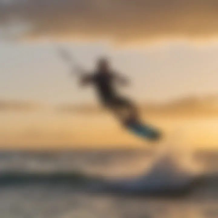 Kiteboarder riding the waves during sunset