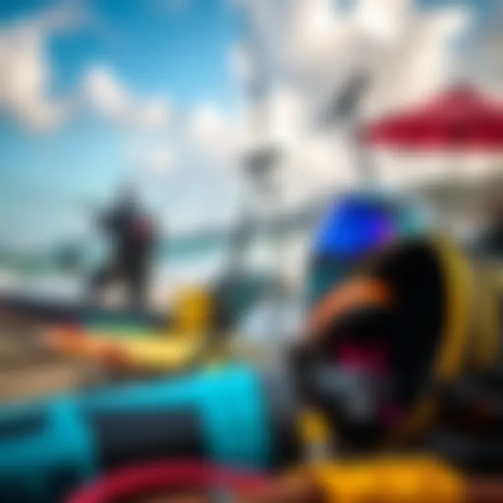 Kiteboarding gear displayed along the beach