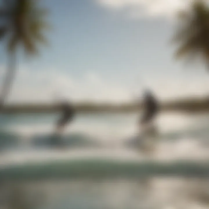 A stunning view of Coconut Bay Beach with kiteboarders riding the waves.