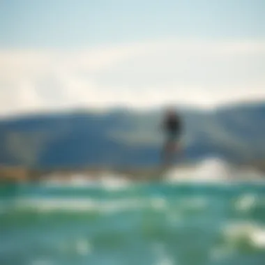 Kiteboarding Adventure on Hydrofoil in Scenic Setting Scenic landscape with kiteboarder on hydrofoil