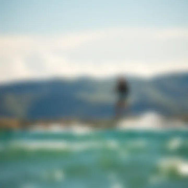 Kiteboarding Adventure on Hydrofoil in Scenic Setting Scenic landscape with kiteboarder on hydrofoil