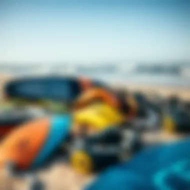 Essential Kiteboarding Gear for Isla Blanca Kiteboarding equipment laid out on the beach
