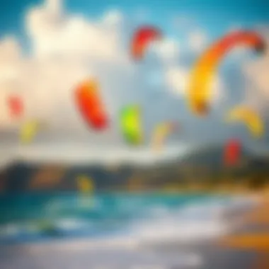 A vivid display of colorful kites soaring above a serene beach