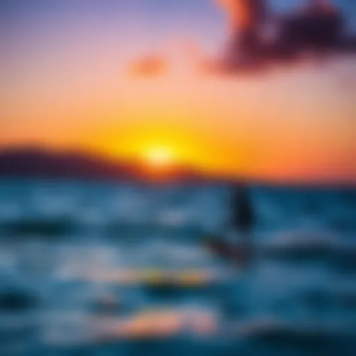 Sunset Kiteboarding in Maui A breathtaking view of kiteboarding at sunset over the ocean