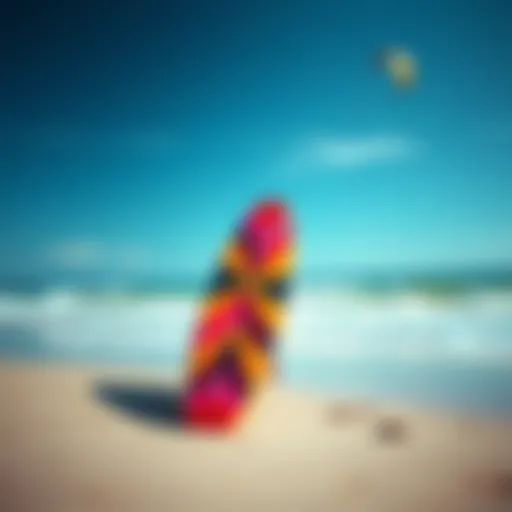 A vibrant kite surfboard on a beach, showcasing its design