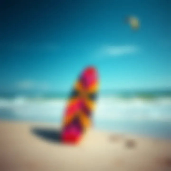 Kite Surfboard Design and Aesthetics A vibrant kite surfboard on a beach, showcasing its design