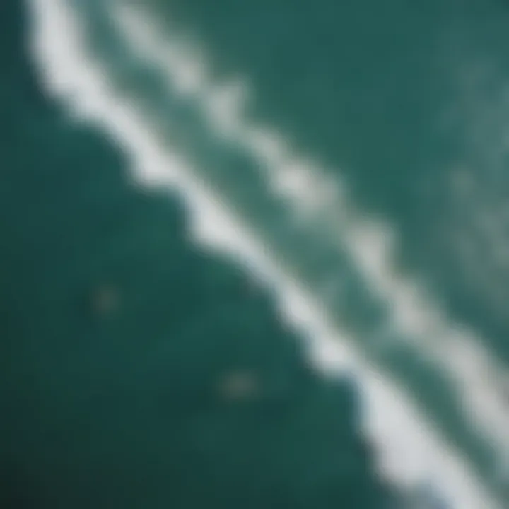 An aerial view of kite surfers riding the waves