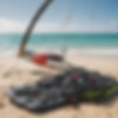 Kite surfing gear laid out on the beach