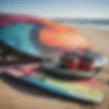 Close-up of kite surfing equipment laid out on the beach