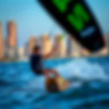 Kite surfer riding the waves with a backdrop of Miami skyline