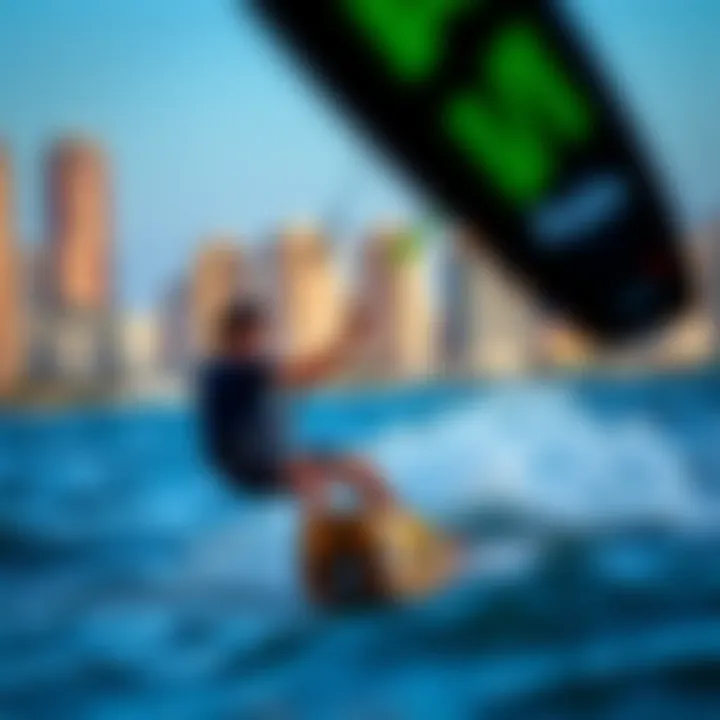 Kite surfer riding the waves with a backdrop of Miami skyline