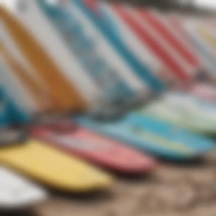 A close-up view of various kiteboards lined up for comparison