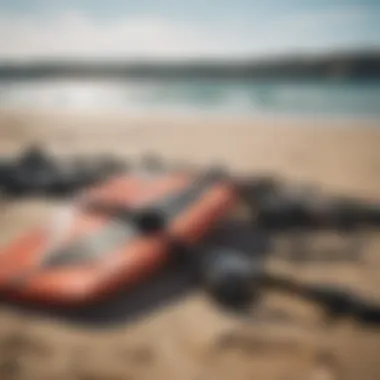 Kiteboarding gear displayed on the beach