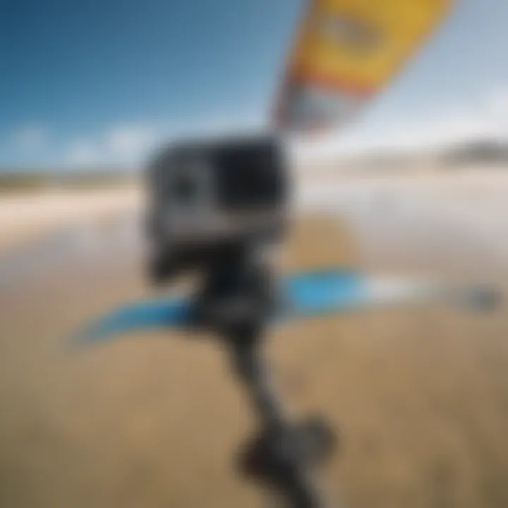 Close-up view of a GoPro mounted on a kite, ready for an exhilarating ride.