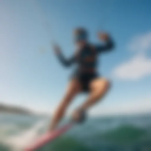 A kiteboarding scene showcasing a vibrant kite against a clear blue sky.