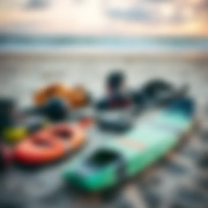 Essential kiteboarding gear laid out on the beach