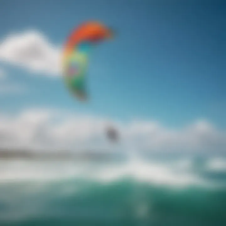 A vibrant kitesurfing scene with colorful kites soaring against the blue sky