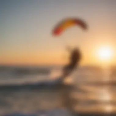 Kitesurfing at sunset with colorful kites