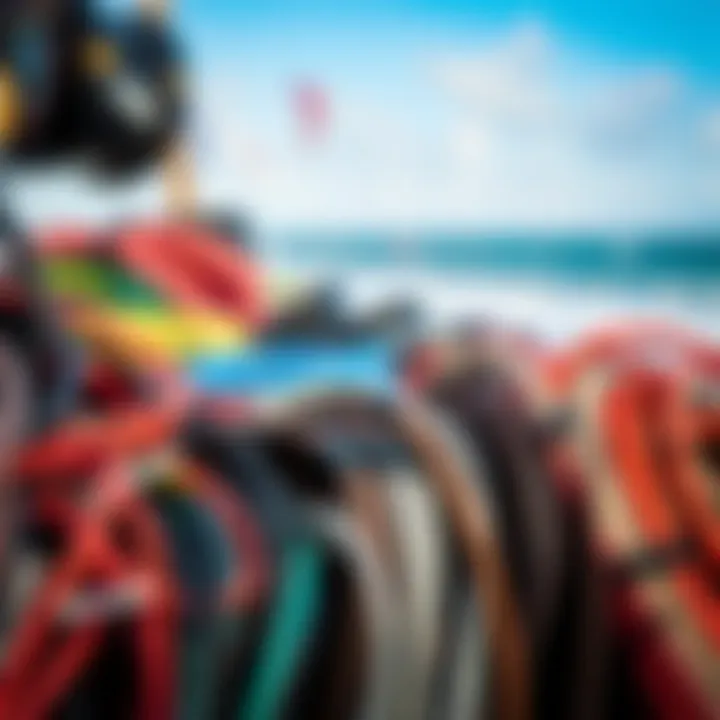 Diverse types of kitesurfing lines displayed in an organized manner