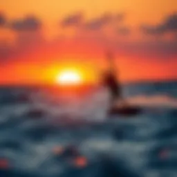 A vibrant kitesurfer carving through the waves at sunset