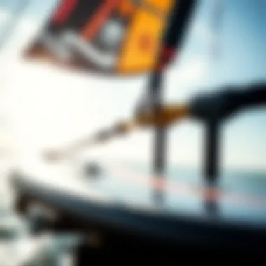 A close-up of kitesurfing equipment including a kite and board