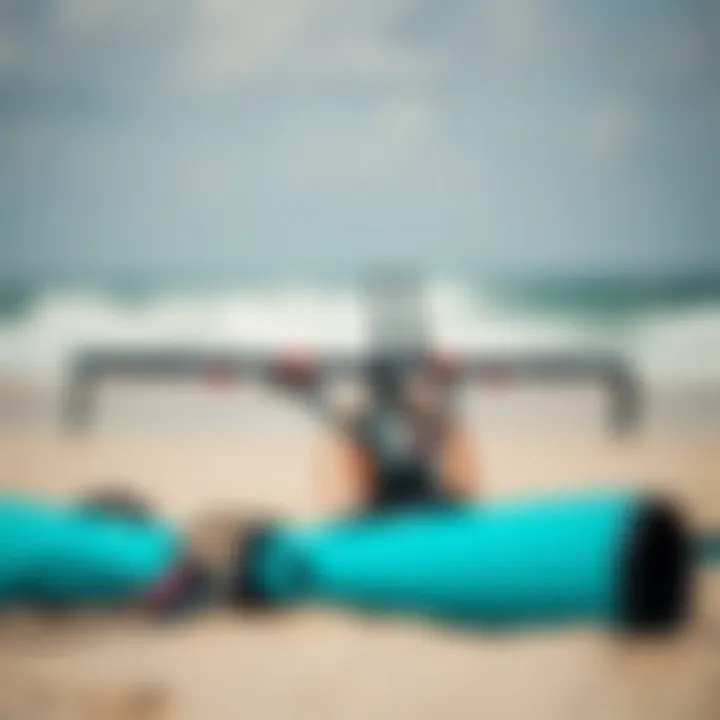 Kitesurfing bar and lines setup on a beach ready for action