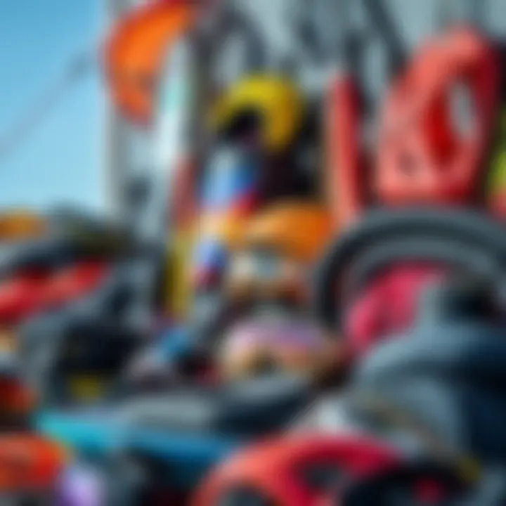 Diverse kitesurfing gear arranged neatly