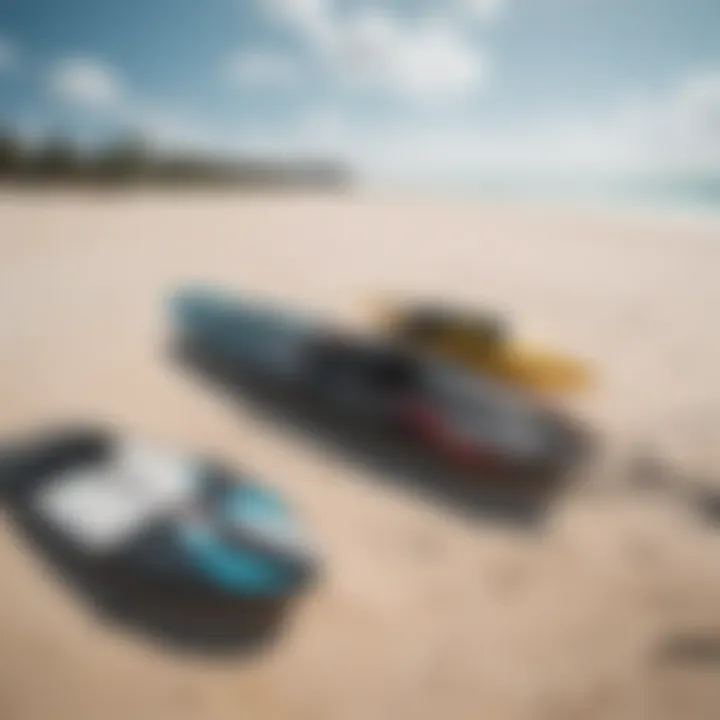 Kitesurfing equipment laid out on the sand