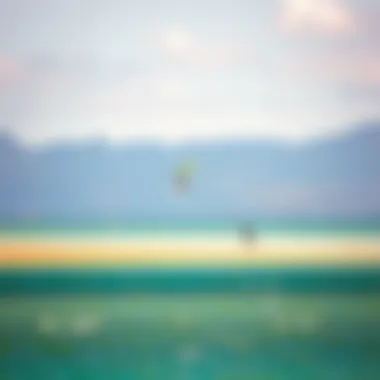 Scenic view of Langebaan lagoon with kiteboarders gliding over the water